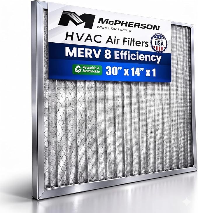 McPherson Reusable Air Filter 30x14x1 (Actual: 29.75" x 13.75" x 0.875") | Washable MERV 8 | Made in USA Metal Frame | HVAC AC Furnace | Permanent | Pet Dust Defense