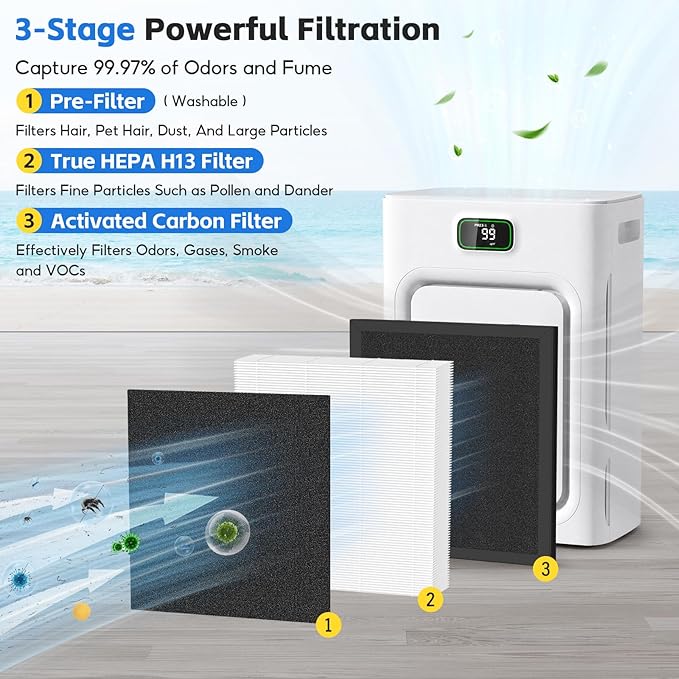 P358 Replacement Filter Compatible with HEAPETS P358 Air Purifier, Includes 2 Composite Filters + 6 Pre-Filters, H13 HEPA Air Filter for Pet Hair Dander odors