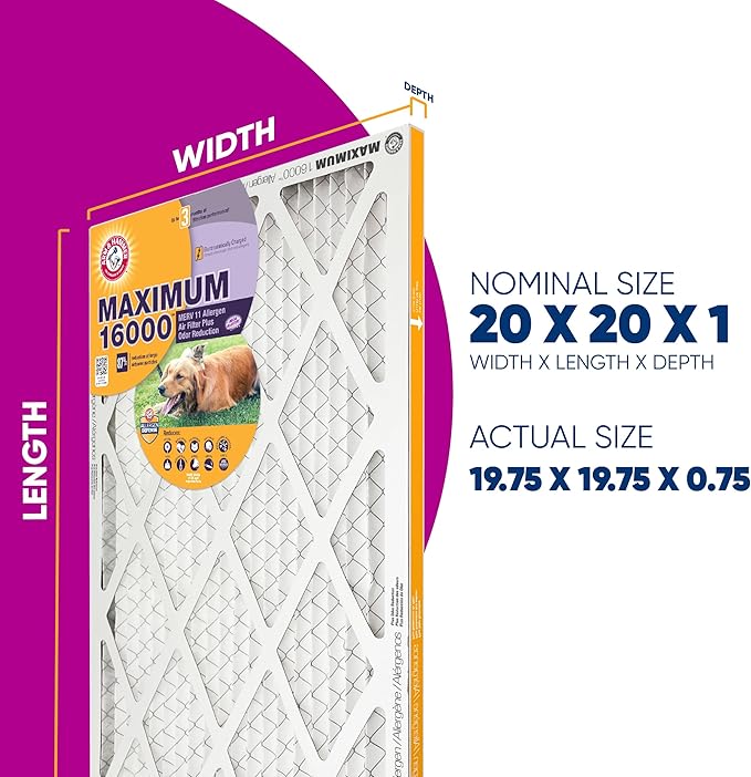 Arm & Hammer Max Allergen & Odor Reduction 20x20x1 Air and Furnace Filter, MERV 11, 4-Pack