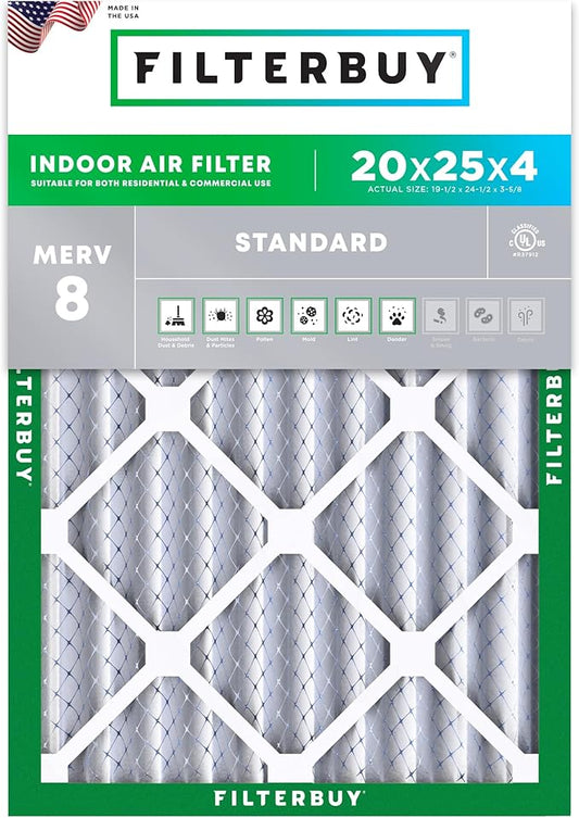 Filterbuy 20x25x4 Air Filter MERV 8 Essential Dust & Allergy Defense (1-Pack), Electrostatic Pleated HVAC AC Furnace Filters Replacement, Made in USA (Actual Size: 19.50 x 24.50 x 3.63)