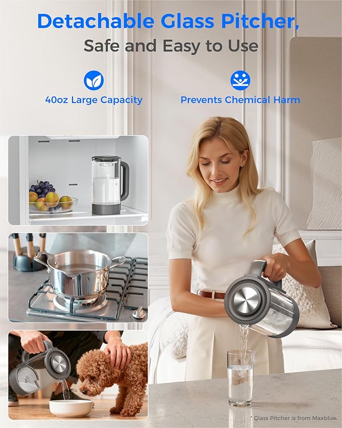 Waterdrop M6H Instant Hot Reverse Osmosis System Countertop Water Filter, 7-Stage, 3:1 Pure to Drain, Hot Water Dispenser with 5 Temperature Options, RO System with Glass Pitcher
