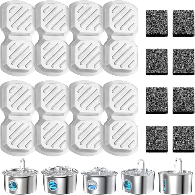 16 Pcs Replacement Filters for Cat Water Fountain Stainless Steel with Water Level Window, 8 Packs Pet Fountain Filters & Sponges, 4 Months Set Easy-Swap