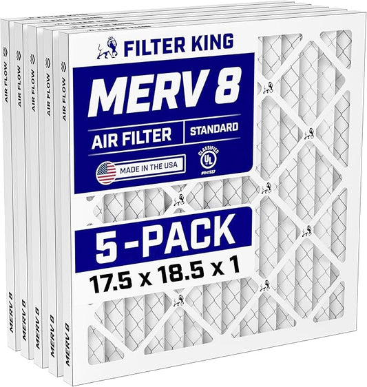 Filter King 17.5x18.5x1 Air Filter (MERV 8) (5-Pack) Dust & Allergy Control AC Furnace Filters, MADE IN USA, HVAC, Pleated, Electrostatic (Actual Size: 17.5 x 18.5 x .75)