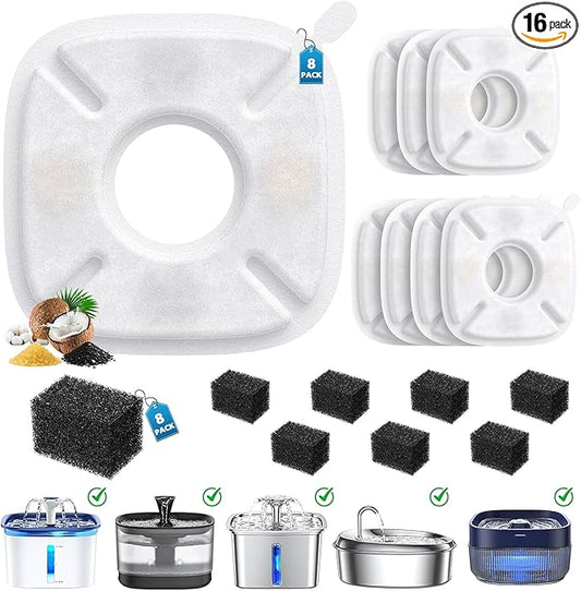16 Pcs Cat Water Fountain Filters for Veken 95oz/2.8L, 67oz, 85oz, 135oz Dog Water Fountain Automatic Pet Fountain Dog Water Dispenser 8 Pcs Pet Fountain Filter Replacement & 8 Pcs Pre-Filter Sponges