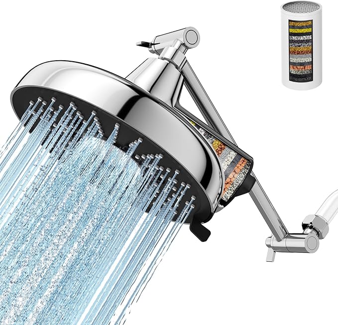 Filtered Shower Head with Extension Arm - EMBATHER 8 Inch High Output Showrhead with 3 Spray Settings, 18 Stage Filter for Hard Water, 11" Adjustable Arm, Brass Swivel Ball Jiont, Chrome