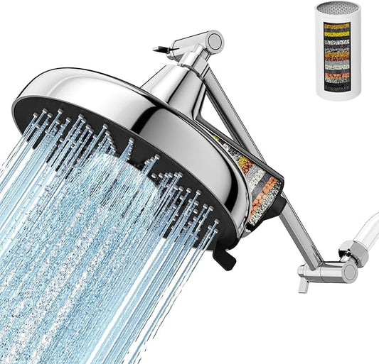 Filtered Shower Head with Extension Arm - EMBATHER 8 Inch High Output Showrhead with 3 Spray Settings, 18 Stage Filter for Hard Water, 11" Adjustable Arm, Brass Swivel Ball Jiont, Chrome