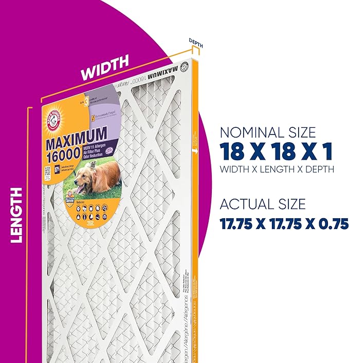 Arm & Hammer 18x18x1 Air Filter (4-Pack) | Merv 11 | Maximum Allergen & Odor Reduction | Contains Pure Baking Soda | Electrostatic | HVAC AC Furnace | Made in USA | Actual Size 17.75" x 17.75" x 0.75"