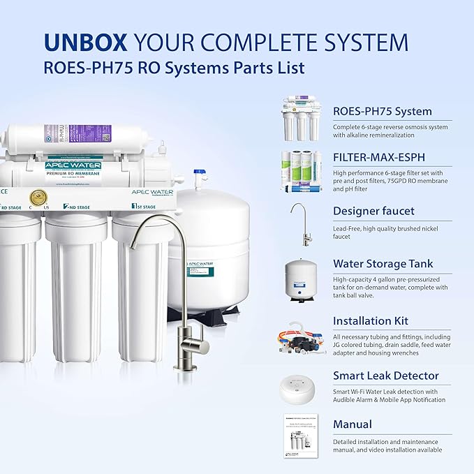APEC Water ROES-PH75LD 6-Stage Alkaline Under Sink Reverse Osmosis Water Filter System, NSF Certified 372, 75 GPD, Reduces 99% of Impurities