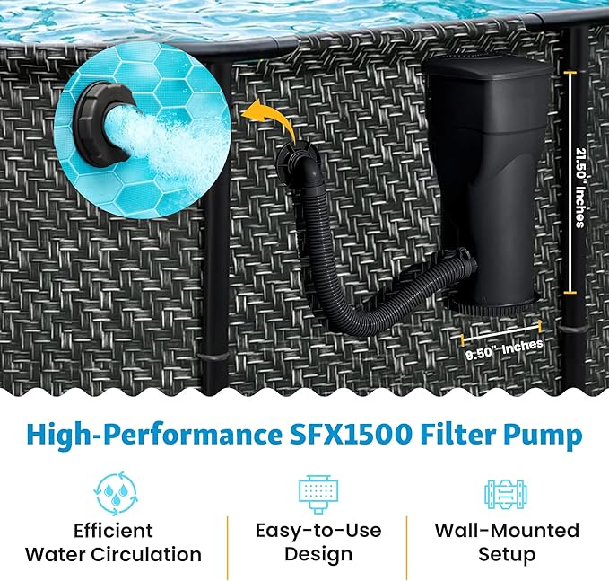 Summer Waves P53FX150K SkimmerPlus 1500 Gallon Above Ground Framed Swimming Pool Water Cleaning Filter Pump System, Black
