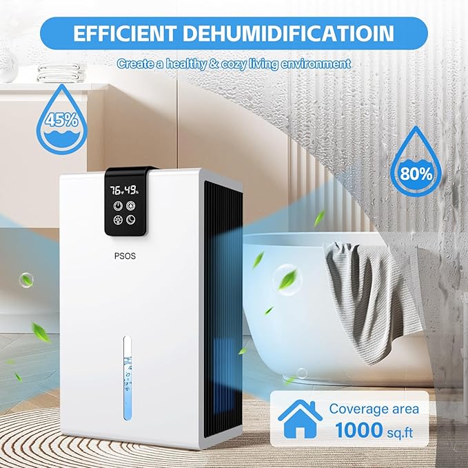 PSOS Dehumidifier, Dehumidifiers for Home, 98OZ Water Tank, (1000 sq.ft) Quiet Dehumidifier for Basement Bathroom Bedroom with Humidity Display, Relaxing 7 Color Ambient Light, Auto Shut Off(White)