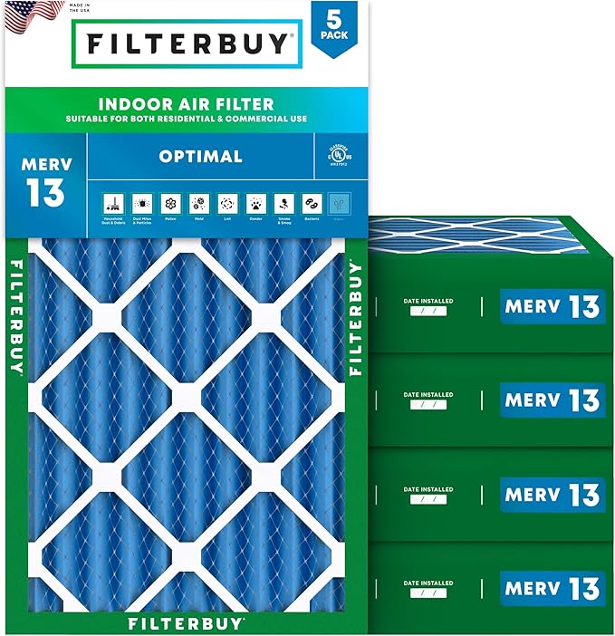 Filterbuy 16x24x4 Air Filter MERV 13 Optimal Smoke & Allergy Defense (5-Pack), Electrostatic Pleated HVAC AC Furnace Filters Replacement, Made in USA (Actual Size: 15.38 x 23.38 x 3.63)