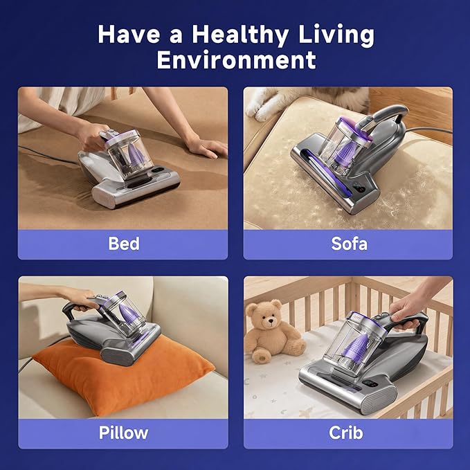 uwant Mattress Vacuum Cleaner, 18KPa Bed Vacuum with 253.7nm UV-C Light, 500W Powerful Handheld Vacuum with 65° Hot Air, 60000 RPM/Min Tapping, Ultrasonic, HEPA Filter for Bed, Sofa, Crib Set of 1