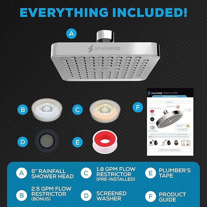 SparkPod Shower Head - High Pressure Rain - Premium Quality Luxury Design - Easy Clean Adjustable Replacement for Your Bathroom Shower Heads (Polished Chrome Finish, 6 Inch Square)