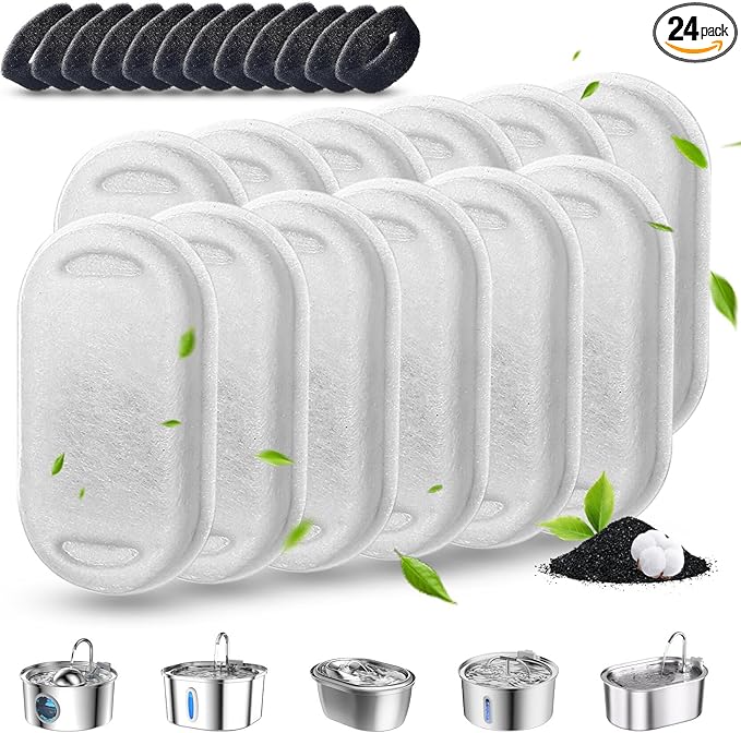 Cat Water Fountain Filters, 24 Pack Cat Fountain Filter Replacement for 67oz/2L & 108oz/3.2L Stainless Steel Pet Water Fountain, 12 Pack Pet Replacement Filters with 12 Sponges