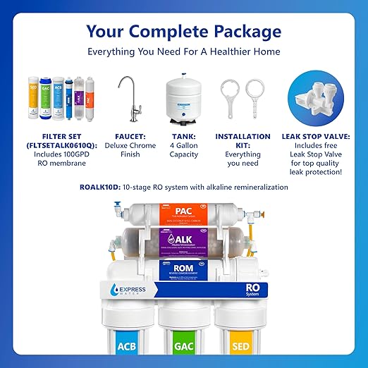 Express Water ROALK10D 10-Stage Alkaline Under Sink Reverse Osmosis Water Filter System, NSF Certified 372, 100 GPD, Reduces 99% of Impurities, BPA Free, Deluxe Chrome Faucet