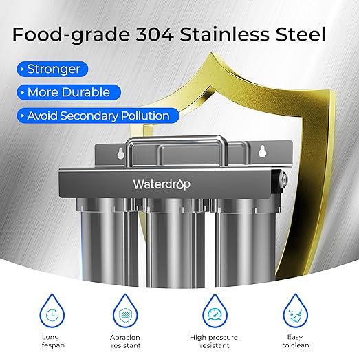 Waterdrop TST-B 0.01 Micron Ultra Filtration Under Sink Water Filter, 3-Stage Stainless Steel Under Sink Water Filtration System with Dedicated Faucet, Removes Chlorine, Taste&Odor (Drilling Required)