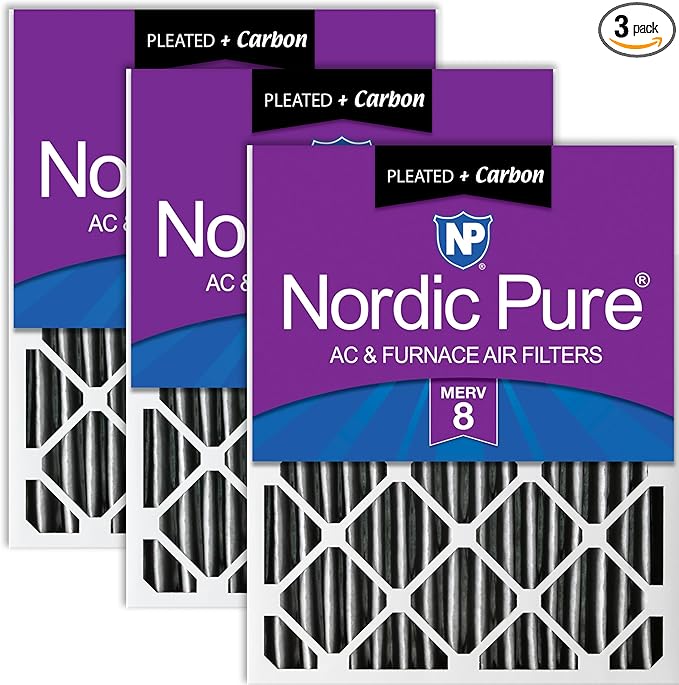 Nordic Pure 20x20x2 (Actual Size: 19 1/2 x 19 1/2 x 1 3/4) Furnace Air Filters MERV 8 Pleated Plus Carbon 3 Pack