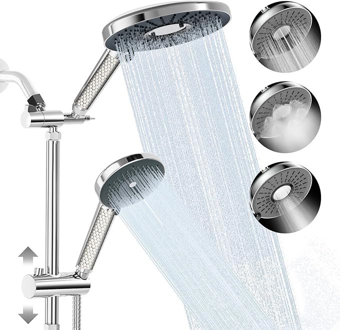 Filtered Shower Head with Handheld Shower Head High Pressure Rainfall System with Slide Bar Dual Filter Softener for Hard Water,6 Spray Modes,Adjustable Height,Chrome