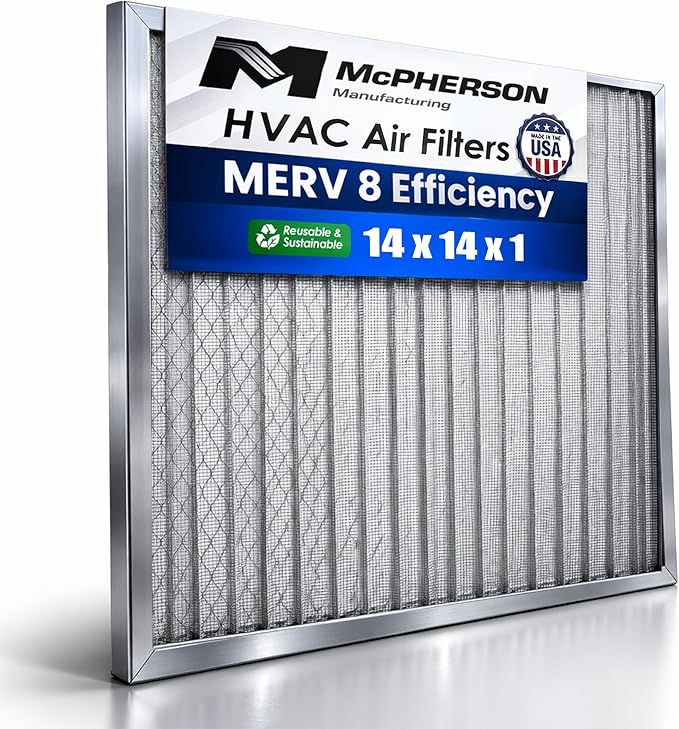 McPherson Reusable Air Filter 14x14x1 (Actual: 13.75" x 13.75" x 0.875") | Washable MERV 8 | Made in USA Metal Frame | HVAC AC Furnace | Permanent | Pet Dust Filtration