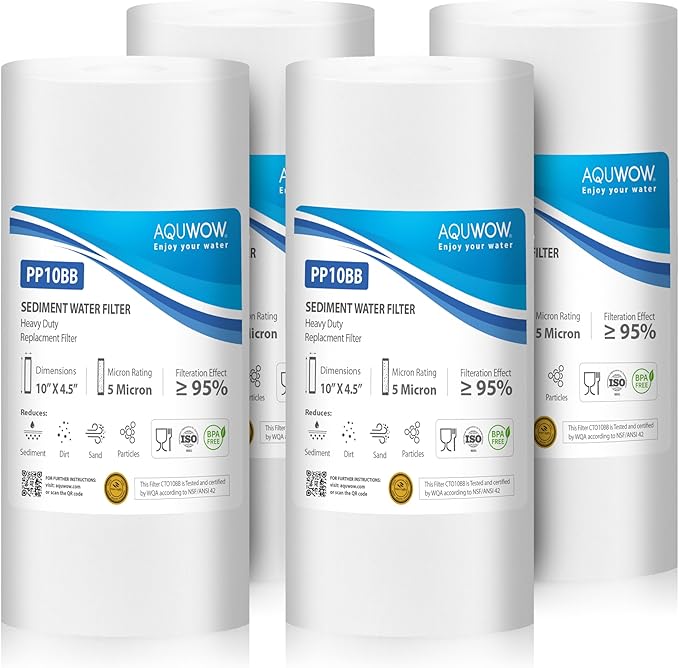 PP10BB 5 Micron 4.5" x 10" Filter Set – Sediment Replacement Cartridges for Whole House Water Filtration Systems, Universal Standard PP Filters (4, 10 x 4.5)