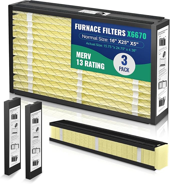 3-Pack 16x25x5 Air Filter MERV 13 Superior Pet & Allergy Defense, Pleated HVAC AC Furnace Filters Compatible with Lennox X6670 (Actual Size: 15.75 x 24.75 x 4.38inch)