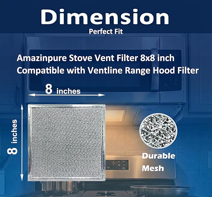 4X 8x8 inches Premium Ultra-Flow Heavy-Duty Range Hood Filter Replacement Compatible with Ventline BCC024600 Exhaust Fan Aluminum Mesh Grease Filter for Stove Vent Filter Kitchen Oven (4)
