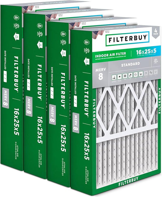 Filterbuy 16x25x5 Air Filter MERV 8 Essential Dust & Allergy Defense (4-Pack), Pleated HVAC AC Furnace Filters for Honeywell FC100A1029, Lennox X6670, and More (Actual Size: 15.75 x 24.75 x 4.38)