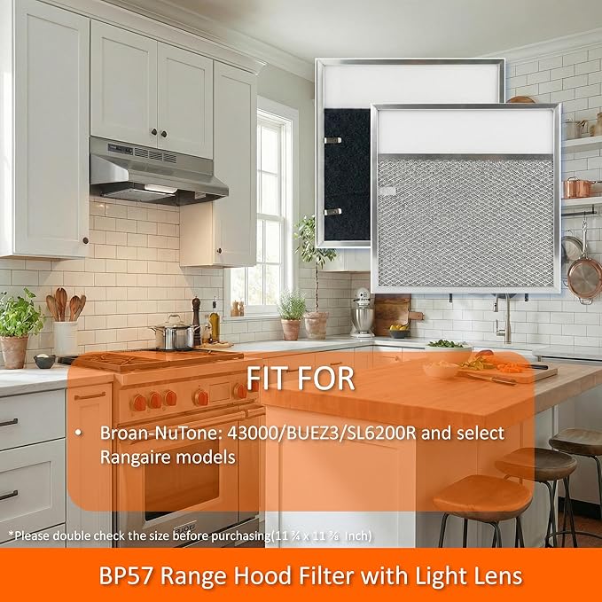 1-Pack BP57 Range Hood Filter with Light Lens 11 3/8 x 11 3/4 In Stove Vent Grease Filter for Br-oan Nut-one 43000 Series/BUEZ3/SL6200R Kitchen Exhaust Fan Carbon Filter Replacement