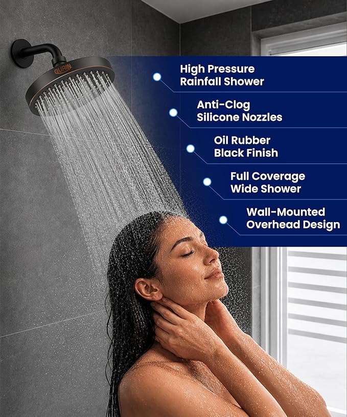 GURIN Shower Head - Powerful High Pressure Rain Shower Head 6 Inch - Luxury Rainfall Showerhead with Adjustable Angles, 90 Anti-Clog Nozzles, Tool-Free 1-Min Install, Premium Oil Rubbed Bronze Finish