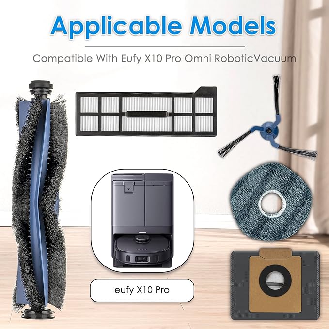 (12 Pack) X10 Pro Omni Replacement Parts Compatible With Eufy X10 Pro Omni Robot Vacuum Cleaner, Accessories Kit, 1 Roller Brush, 2 Side Brushes, 4 Dust Bags, 3 HEPA Filters, 2 Mop Pads