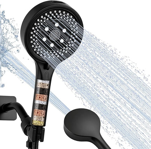 Filtered High Pressure 7-Function Shower Head with Handheld – 5.24" Spray Nozzles, 59" Stainless Steel Hose & Adjustable Shower Holder for Full Body Coverage Black