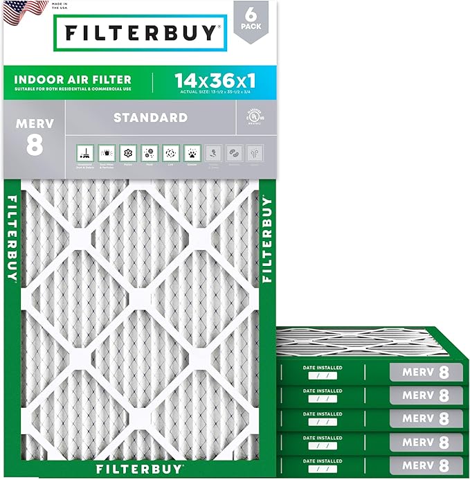 Filterbuy 14x36x1 Air Filter MERV 8 Essential Dust & Allergy Defense (6-Pack), Electrostatic Pleated HVAC AC Furnace Filters Replacement, Made in USA (Actual Size: 13.50 x 35.50 x 0.75)