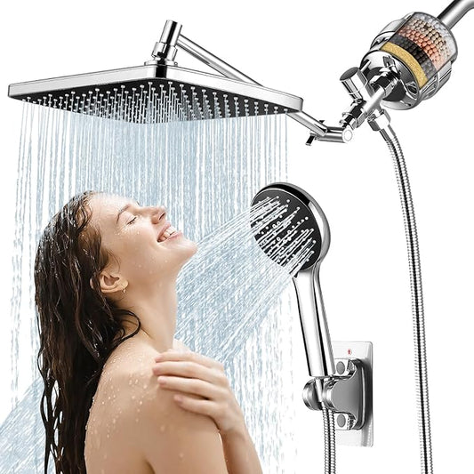 Filtered Shower Head with Handheld Combo,11.8 Inch Large Rectangular Chrome Rain Shower Head with 5 Modes Handheld Spray Combo,Adjustable Double Shower Heads with Holder and 11'' Extension Arm