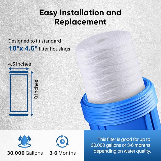 PUREPLUS 5 Micron 10 x 4.5 Whole House String Wound Sediment Filter for Well Water, Replacement Cartridge for 84637, WPX5BB97P, PC10, 355214-45, 355215-45, WP10BB97P, WP5BB97P, 4Pack
