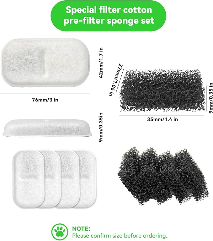 Cat Water Fountain Filter Replacement: 4 Carbon Filters & 4 Foam Sponges Kitty Spout Pump Filters for 108Oz/3.2L & 67Oz/2L Stainless Steel Pet Water Dispenser Cat Dog