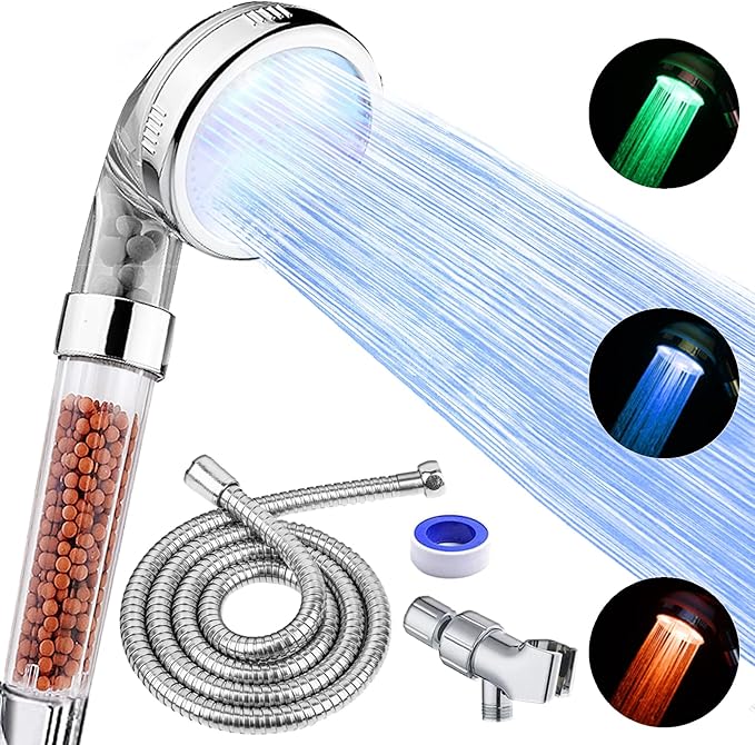 FASTRAS LED Shower Head with Handheld, Shower Head High Pressure Shower Head with Hose, Holder & PTFE Tape etc, 3 Water Temperature-Controlled Water Saving Filtered Shower Head for Dry Hair& Skin
