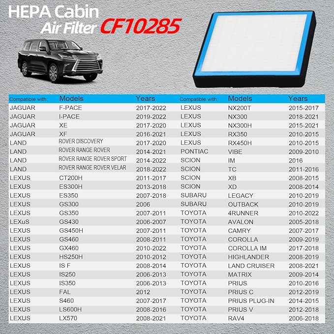 CF10285 Cabin Air Filter HEPA Air Conditioner with Activated Carbon Replacement Cabin Air Filter Accessories Compatible with LAND ROVER，LEXUS ES300H,TOYOTA 4RUNNER,TOYOTA COROLLA,TOYOTA SIENNA