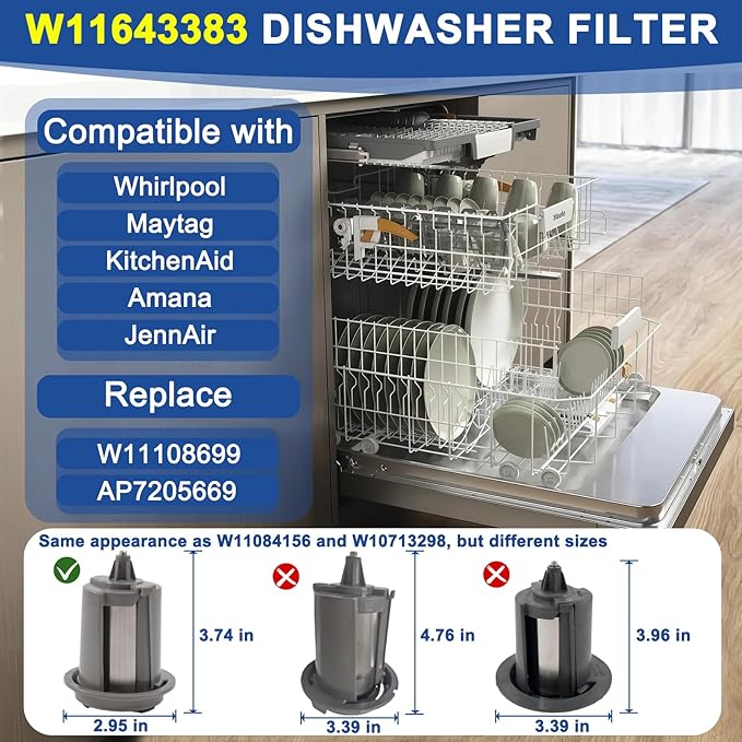 W11643383 Dishwasher Filter Compatible with Whirlpool Maytag KitchenAid MDB4949SKZ KDTM404KPS2 MDB4949SKB0 MDB9959SKZ0 MDB4949SDZ0. W11643383 Circulating Pump Filter Replace W11108699 AP7205669