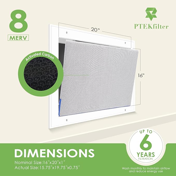 16x20x1 Washable & Reusable Air Filter with Activated Carbon Layer, MERV 8 Air Filters for AC HVAC Furnace, Machine Washable & Dryer Friendly