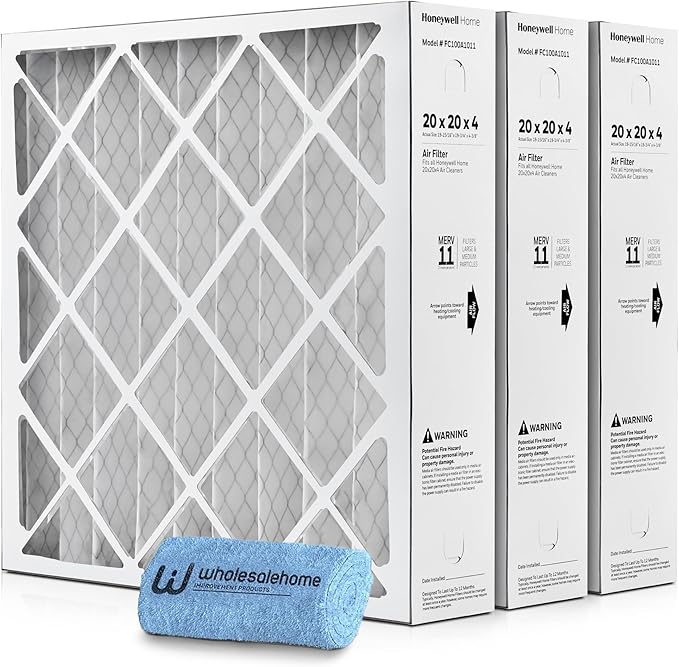20x20x4 Air Filter Replacement MERV 11, FC100A1011 Pleated HVAC AC Furnace Filters with Wholesalehome Cleaning Cloth, 3-Pack (Actual Size: 19.94 x 19.75 x 4.38 Inches)