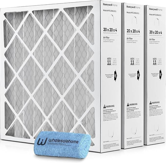 20x20x4 Air Filter Replacement MERV 11, FC100A1011 Pleated HVAC AC Furnace Filters with Wholesalehome Cleaning Cloth, 3-Pack (Actual Size: 19.94 x 19.75 x 4.38 Inches)