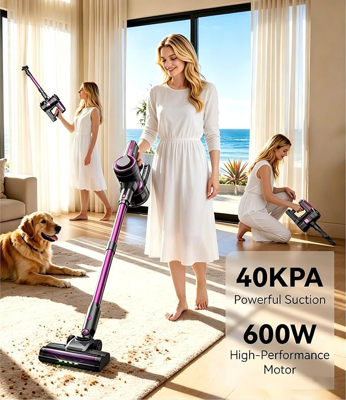 Cordless Vacuum Cleaner for Home,600W 40000PA 70Mins, Self-Standing,Powerful Suction Anti-Tangle Long&Pet Hair, Easily Picks Up Hard/Soft Debris for All Surfaces:Hardwood Floors,Tile,Carpet (Rose Red)