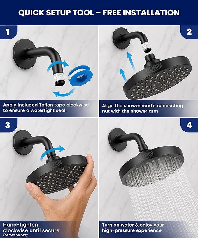 GURIN Shower Head - Powerful High Pressure Rain Shower Head 6 Inch - Luxury Rainfall Showerhead with Adjustable Angles, 90 Anti-Clog Nozzles, Tool-Free 1-Min Install, Premium Matte Black Finish