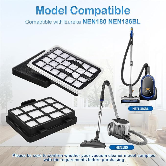 NEN186BL Filter Replacement Compatible with Eureka NEN180 NEN186BL Bagless Canister Vacuum Cleaner, Replaces Part includes 2 HEPA Washable Filters and 2 Dust Cup Filters Element