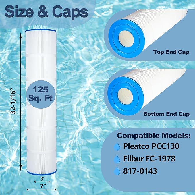 PCC130 Pool Filter Cartridges Replaces Pentair CCP520, Unicel C-7472, Filbur FC-1978, FC-6475, Clean and Clear Plus 520, 817-0143, 178585, 4 X 125 Sq. Ft. L x OD: 32 1/16"x 7", 4 Pack