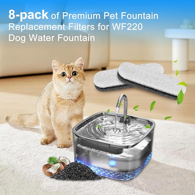 8 Pack 75oz/2.2L Dog Water Fountain Filters Compatible with MAILOFY WF220 75oz/2.2L Stainless Steel Fountain, Dog Fountain Carbon Filter Replacement Fit for Automatic Pet Water Dispenser