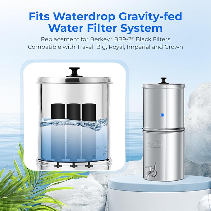 Waterdrop Black Water Filter, Replacement for Berkey®, Purewell®, ProOne®, BB9-2® Carbon Filters, Waterdrop Gravity Water Filter System, NSF/ANSI 42&372 Certified Water Filter, 3 Pack