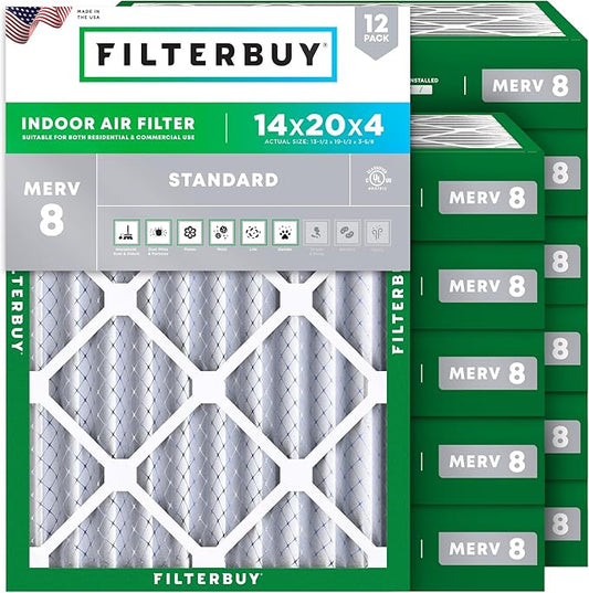 Filterbuy 14x20x4 Air Filter MERV 8 Essential Dust & Allergy Defense (12-Pack), Electrostatic Pleated HVAC AC Furnace Filters Replacement, Made in USA (Actual Size: 13.50 x 19.50 x 3.63)