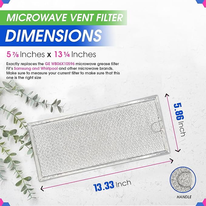 Microwave Filter Replacement 13.3" x 5.85" WB06X10596 GE Microwave Filter Fits Whirlpool Samsung Maytag - Aluminum Mesh Screen Grease Filters - Filters Air Entering Over the Range Oven Vent Fan (2-Pk)
