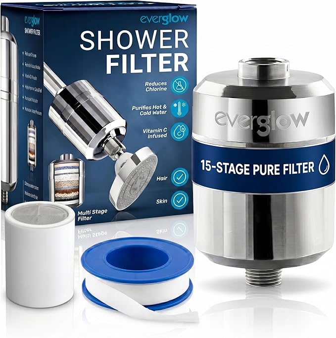 Everglow High Output Shower Filter Head for Hard Water, Multi Stage Filtration Shower Head Filter Water Softener System Helps Improve Hair, Skin, Nails, for Eczema, Dandruff, 100% Chlorine Removal